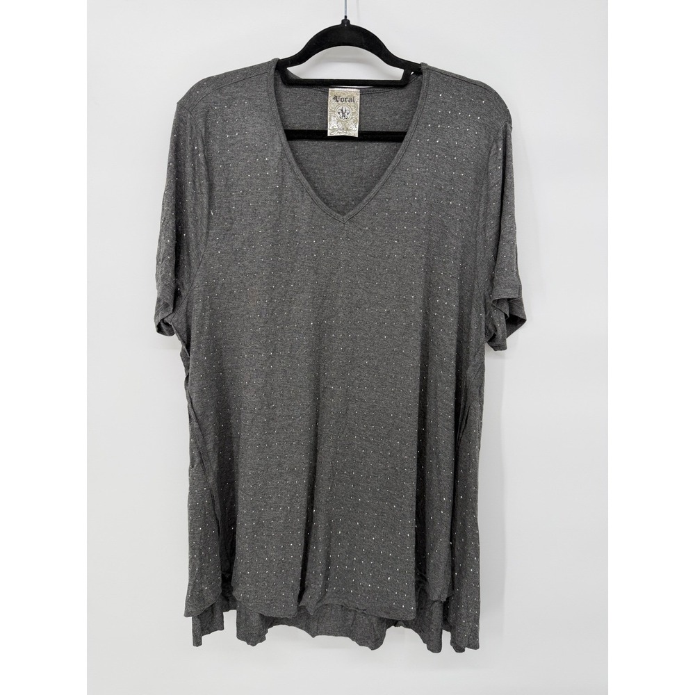 Vocal Womens Grey Rhinestone Embellished V Neck Short Sleeve Tunic Top Plus Size